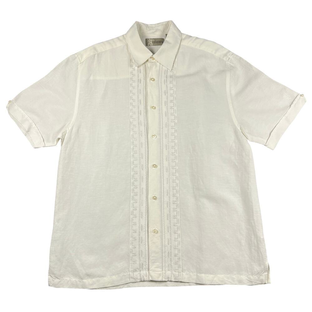 Cubavera Linen Blend Embroidered Short Sleeve Guayabera Shirt White Size L